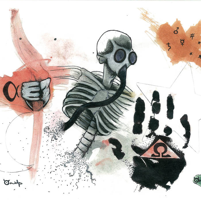 Skeleton with a gas mask gripping red smoke on a white background with a black hand print and various symbols