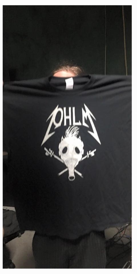 Black t-shirt with OHLM logo and gas mask overlaying crossed arms printed in white