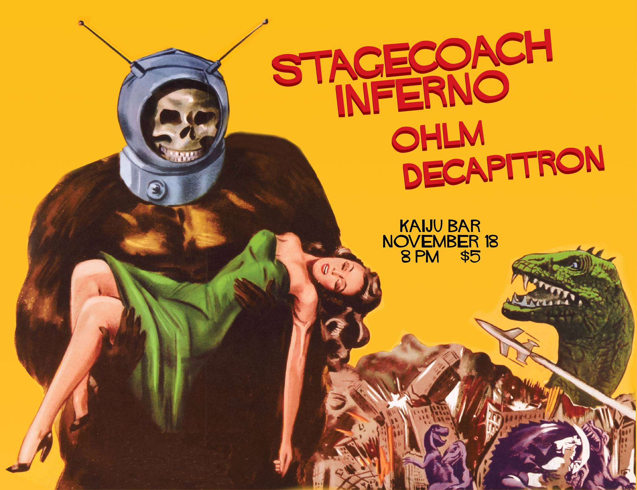 Monster Metal Madness! poster done in a retro style featuring a large ape with a skeleton face and martian helmet holding an inconscious woman in a green dress with various monsters in the background